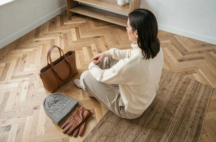 Vue de dessus d'une femme entourée d'accessoires de saison disposés sur un parquet clair, incluant sac, bonnet, gants et collier en or