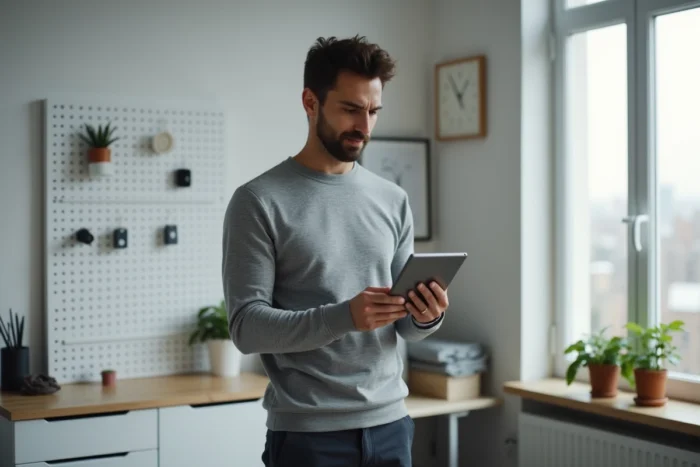 Homme consultant les actualités digitales et tendances web 2024 sur une tablette dans un bureau minimaliste à domicile
