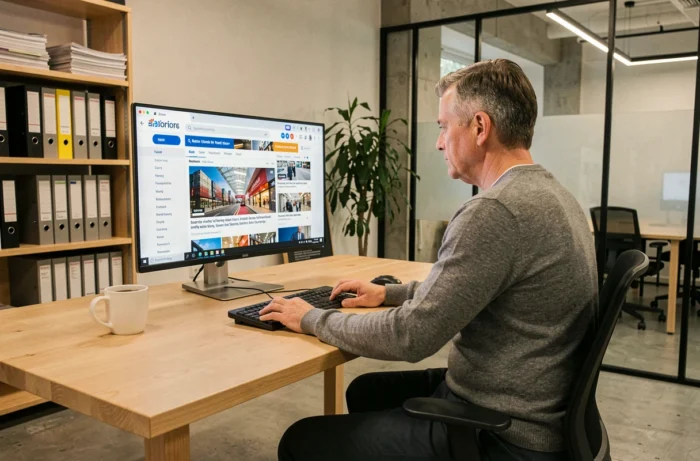 Professionnel masculin consultant les dernières actualités du secteur du commerce sur un grand écran dans un bureau moderne