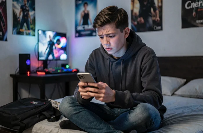 Adolescent inquiet consultant son smartphone sur son lit illustrant les dangers d'internet pour les jeunes