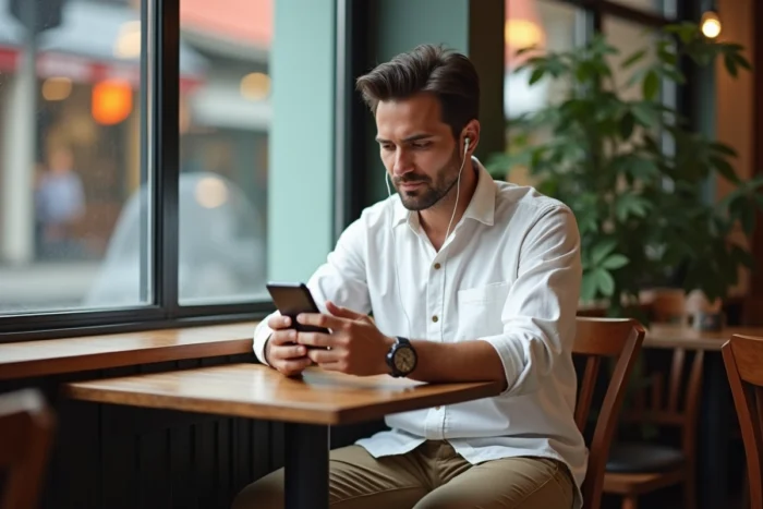 Adulte utilisant discrètement son smartphone avec des écouteurs dans un café urbain calme