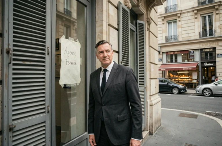 Homme d'affaires devant une agence bancaire française aux volets fermés à Paris en 2025