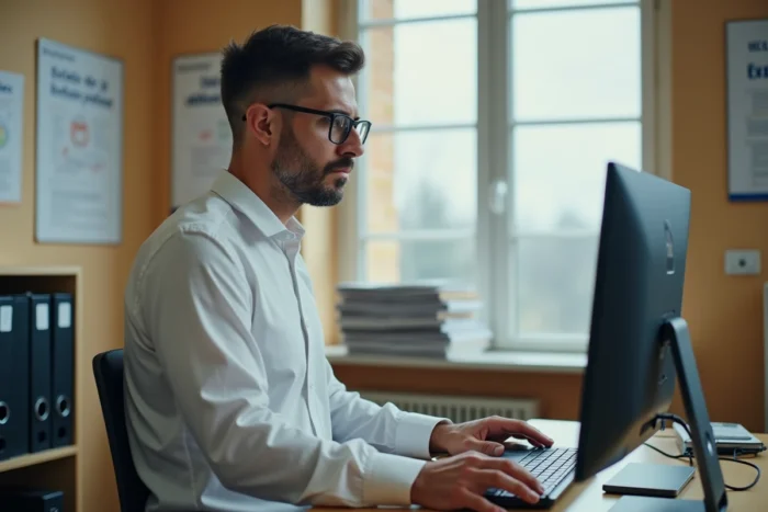 Agent de l'Éducation nationale consultant sa messagerie professionnelle sur un ordinateur de bureau dans les locaux de l'AC Amiens
