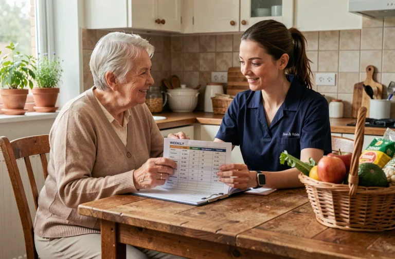 Une aide à domicile Logisfil accompagne une senior dans la gestion de ses livraisons de repas à domicile