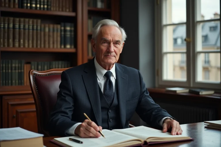 Portrait d'un expert en criminologie et réseaux d'influence assis dans un bureau parisien classique entouré de livres et de documents officiels