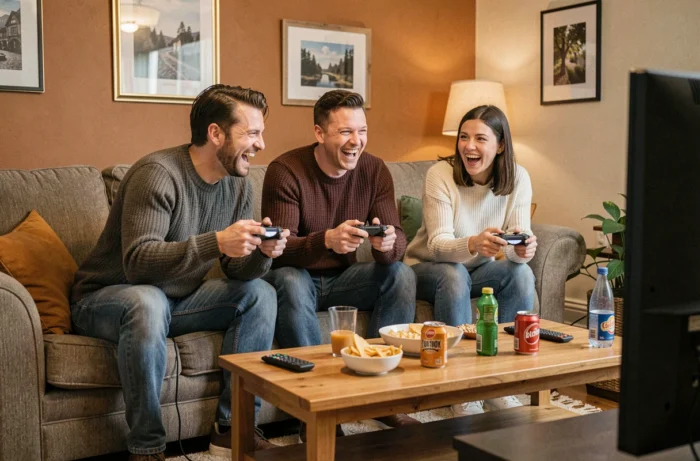 Groupe d'amis adultes jouant ensemble à un jeu vidéo multijoueur dans un salon convivial