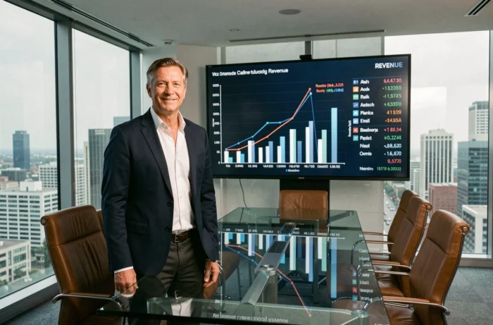 Entrepreneur en blazer devant des graphiques financiers sur grand écran dans une salle de conférence illustrant l'analyse de la fortune de Mounir Laggoune