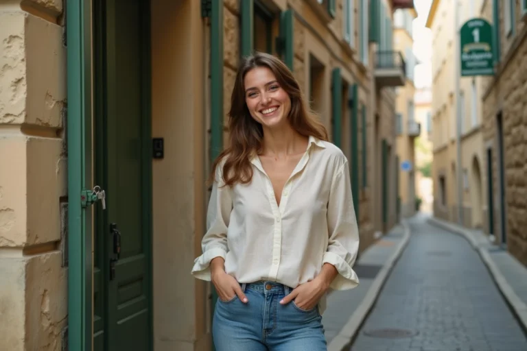Jeune femme devant un appartement abordable en pierre dans une ville de province française, tenant des clés à la main