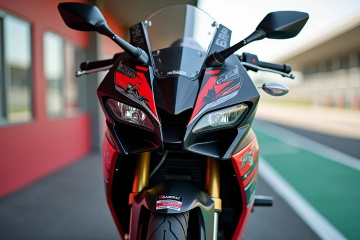Aprilia RS 50 sur le stand d'un circuit avec carénage sport rouge et noir