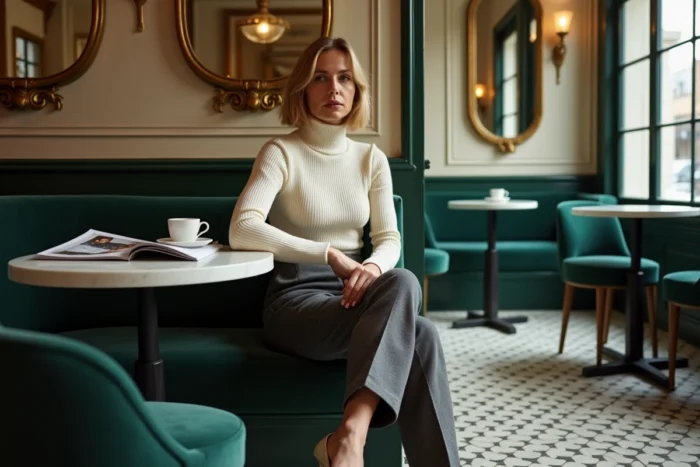 Femme chic en pull col roulé crème et pantalon large feuilletant un magazine de mode dans un café parisien classique