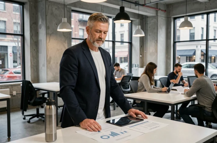Auto-entrepreneur consultant debout dans un espace de coworking moderne consultant son plan d'affaires sur tablette