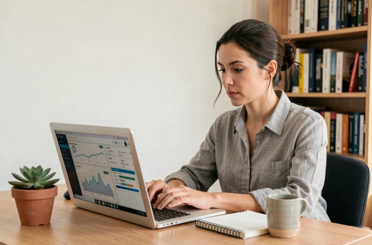 Auto-entrepreneuse travaillant sur son business en ligne depuis son bureau à domicile avec un ordinateur portable