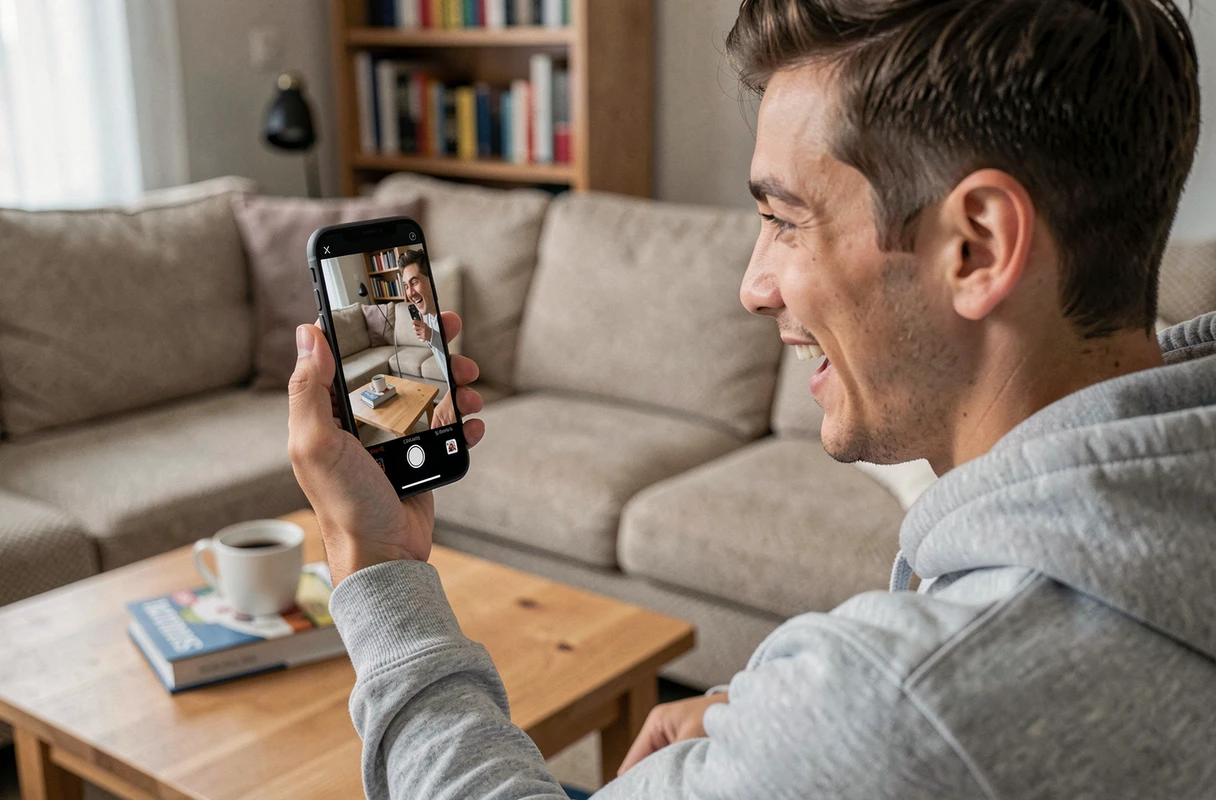 Un jeune homme montrant une photo de preuve visuelle d'un produit sur son smartphone dans son salon
