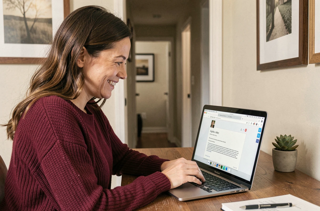 Une femme lisant un avis mentionnant un interlocuteur par son prénom dans un e-mail personnalisé