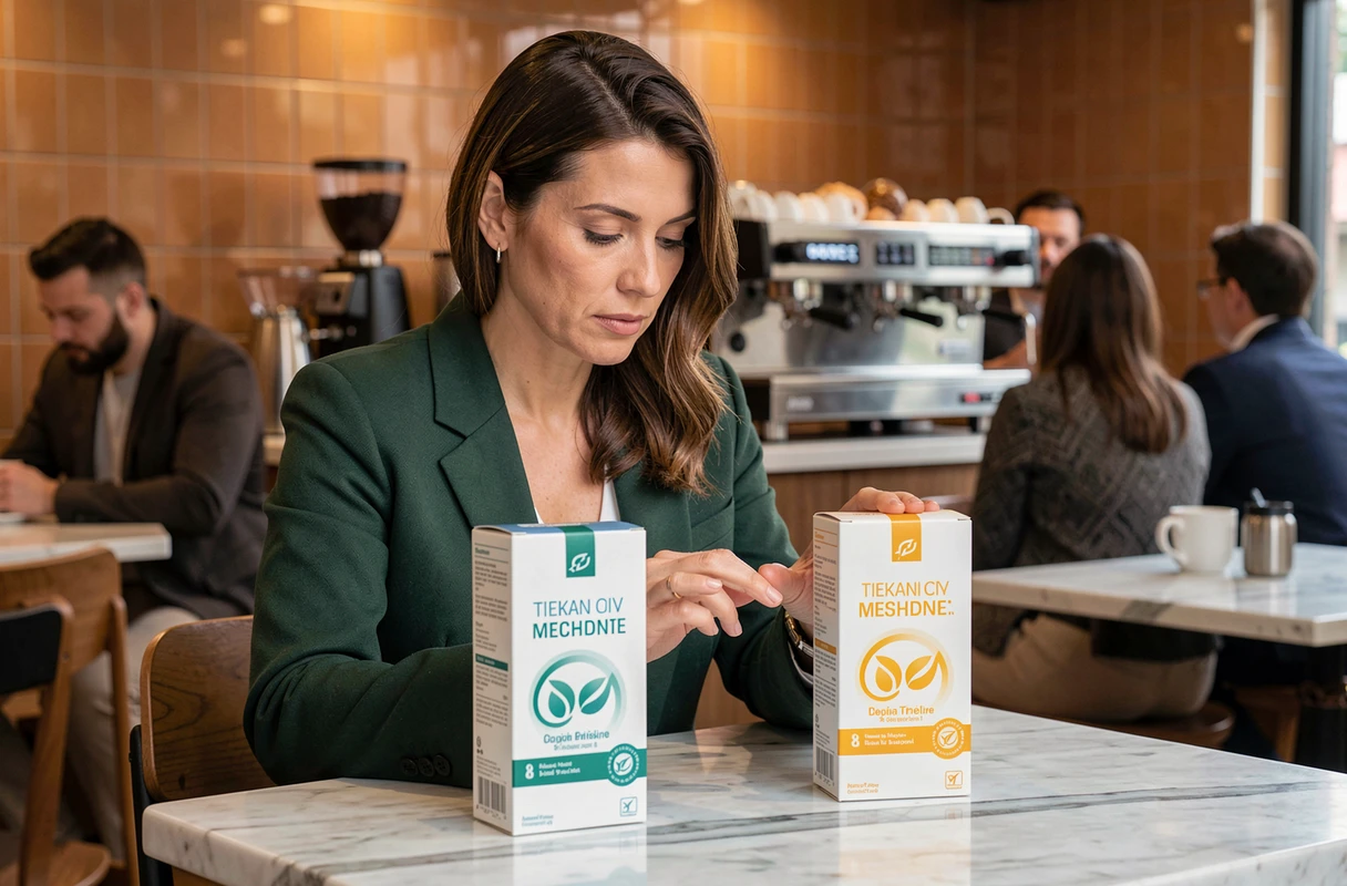 Une femme comparant deux produits concurrents côte à côte sur une table de café