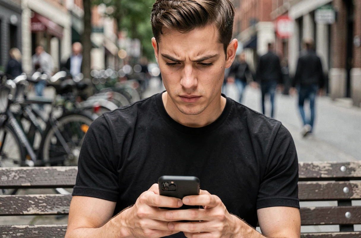 Un jeune homme tapant un avis court et factuel en deux phrases sur son téléphone dans la rue