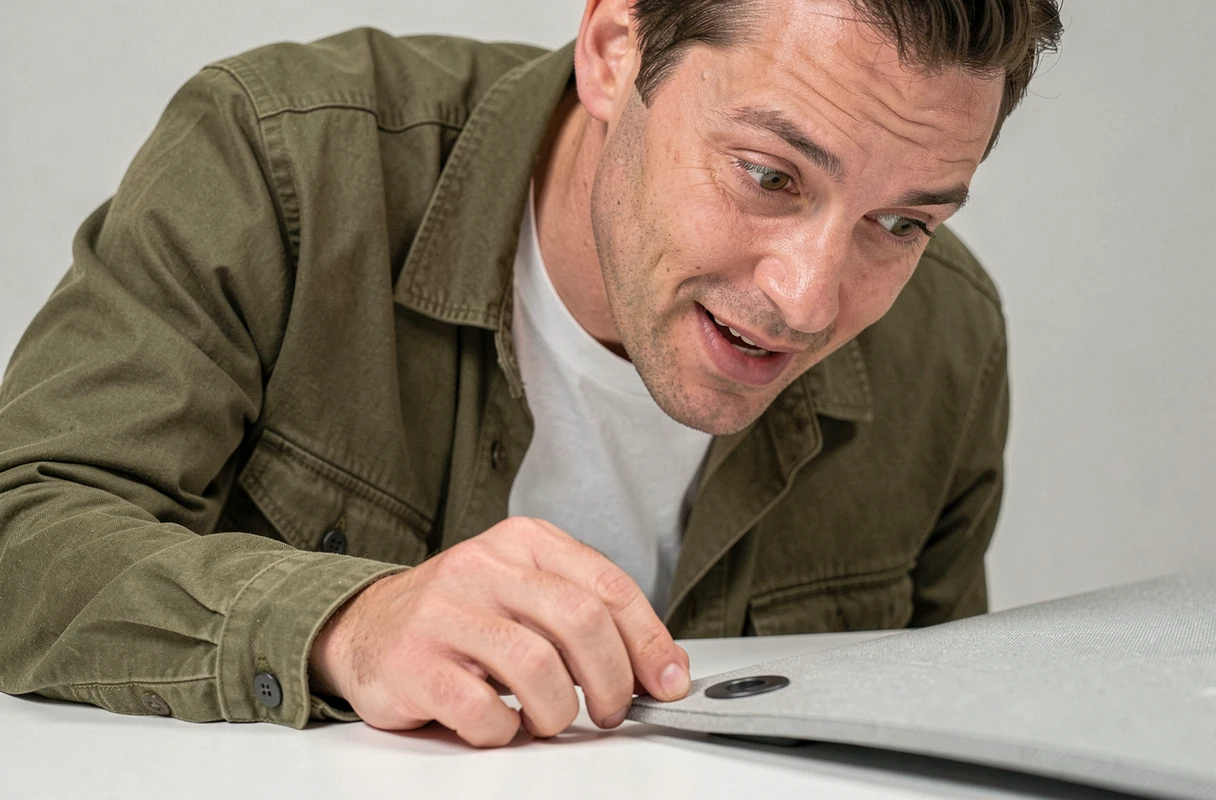 Un homme examinant de près un détail inattendu et surprenant sur un produit