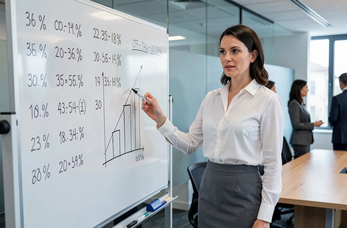 Une femme d'affaires présentant des chiffres et résultats mesurables sur un tableau blanc