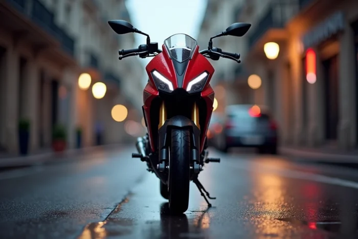 Beta RR 50 Motard en rouge et noir sur rue urbaine mouillée