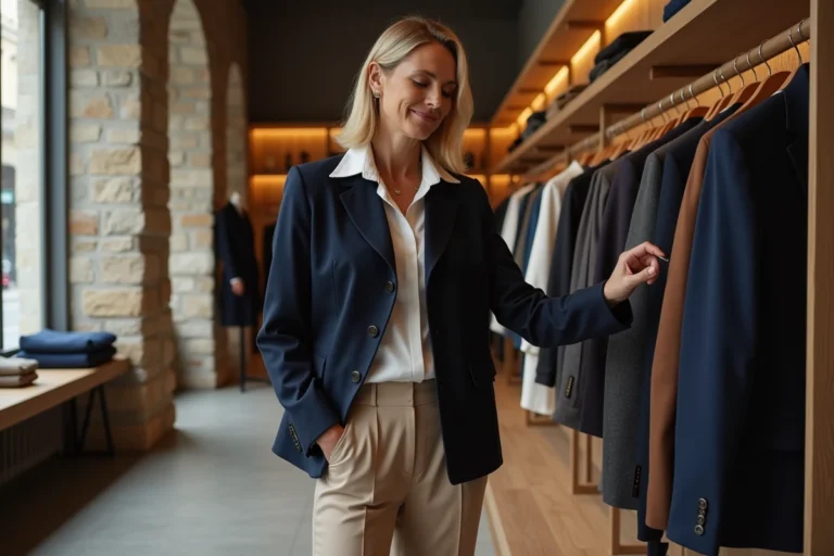 Femme élégante en blazer marine inspectant des vêtements de créateurs dans une boutique parisienne au décor en pierre apparente