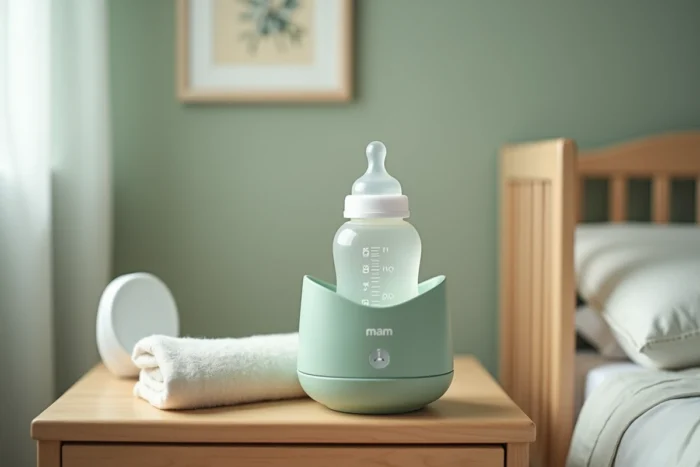 Biberon MAM dans un chauffe-biberon portable posé sur une table de nuit dans une chambre de bébé décorée en vert sauge
