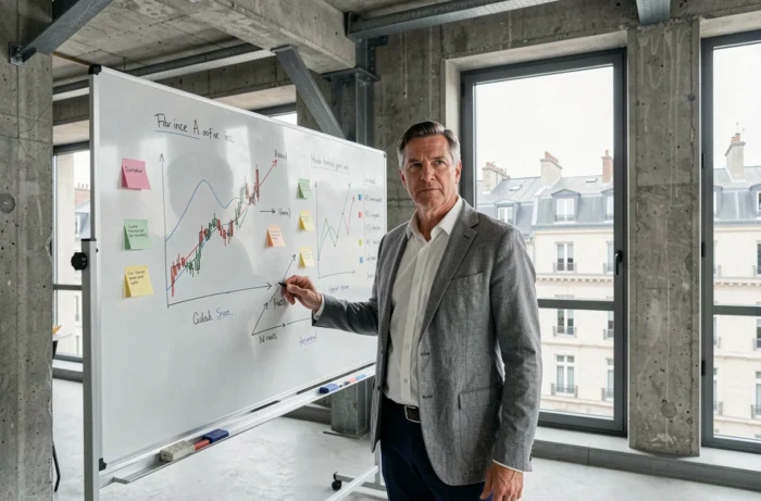 Chef d'entreprise français devant un tableau blanc rempli de graphiques financiers dans un espace de coworking moderne
