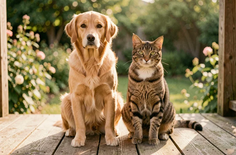 Un golden retriever et un chat tigré assis côte à côte sur un porche en bois, regardant l'objectif avec curiosité dans un jardin verdoyant