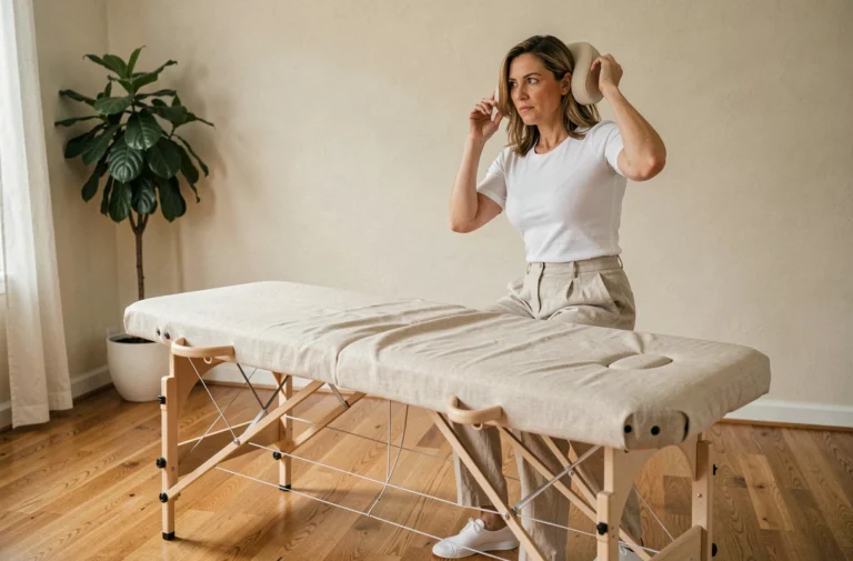 Femme choisissant une table de massage portable pour usage à domicile dans un salon chaleureux