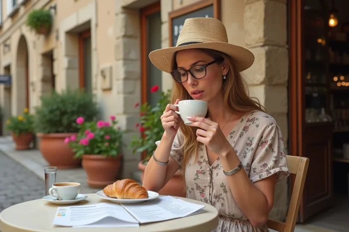 Femme consultant son itinéraire de voyage en Corse dans un café de village pittoresque