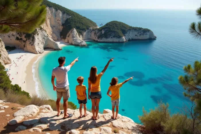 Famille découvrant une baie turquoise en Corse lors d'un circuit tout compris à petit prix