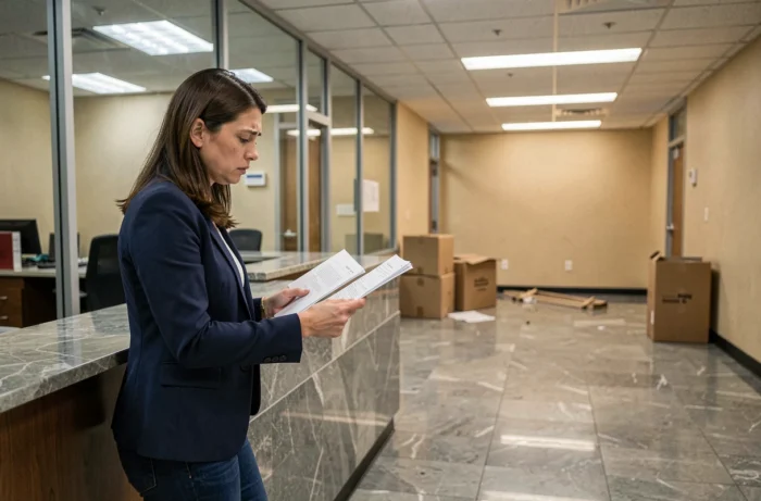 Femme inquiète consultant des documents dans une agence bancaire en cours de fermeture en France