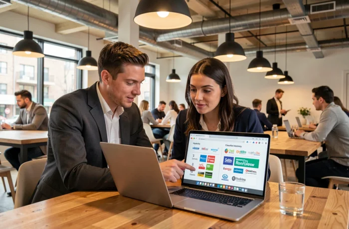 Deux collègues analysant ensemble des sites similaires à Flazto dans un espace de co-working moderne