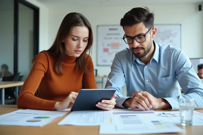 Deux collègues collaborant sur une stratégie de référencement avec des annuaires locaux dans un espace de coworking