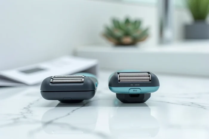 Gros plan sur un rasoir OneBlade ancien et une lame 360 posés sur marbre blanc pour comparer les connecteurs de compatibilité