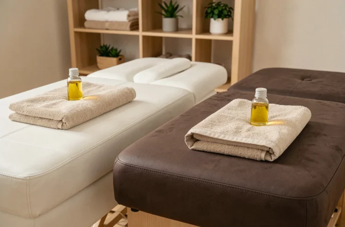 Comparaison de deux tables de massage professionnelles côte à côte pour choisir le meilleur modèle à domicile