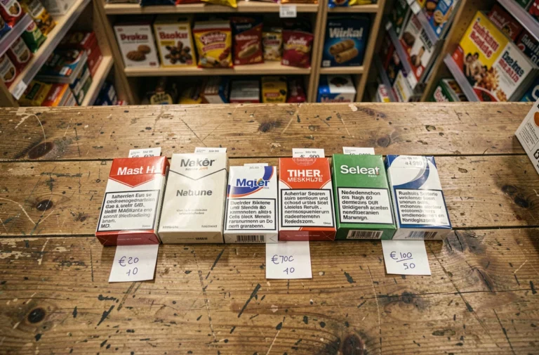 Comparatif de prix de paquets de cigarettes grandes marques dont Marlboro dans un kiosque allemand avec étiquettes de prix en euros