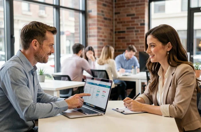 Deux professionnels discutant d'une stratégie d'investissement immobilier sur un ordinateur portable dans un espace de coworking