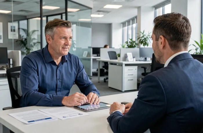 Homme discutant d'un projet de crédit adapté avec un conseiller bancaire dans une agence moderne