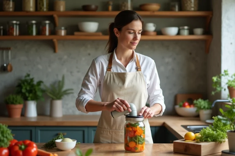 Femme utilisant une pompe à vide pour conserver des légumes en bocal dans une cuisine rustique