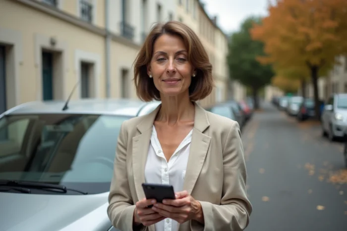 Femme consultant le site ANTS sur smartphone à côté d'une voiture pour vérifier le changement de carte grise effectué par l'acheteur