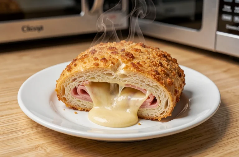 Cordon bleu tranché sur une assiette blanche avec fromage fondu et jambon visible, cuit au micro-ondes