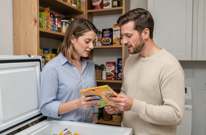 Couple choisissant entre produits surgelés Thiriet et Picard devant un congélateur à domicile