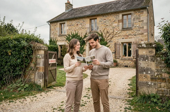 Couple devant une maison ancienne à rénover disponible gratuitement en zone rurale française