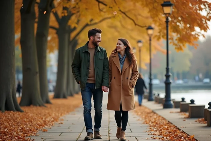 Couple complice se promenant le long d'une promenade au bord de la rivière en automne
