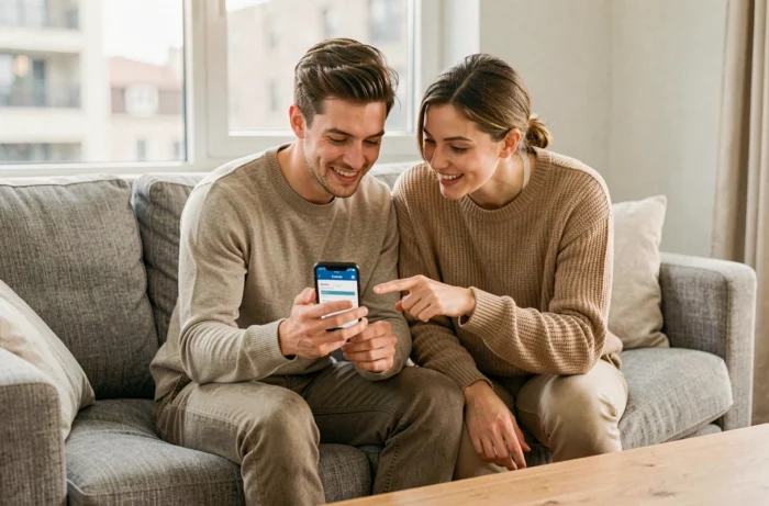 Jeune couple simulant un crédit personnel sur smartphone dans leur salon pour financer un projet commun