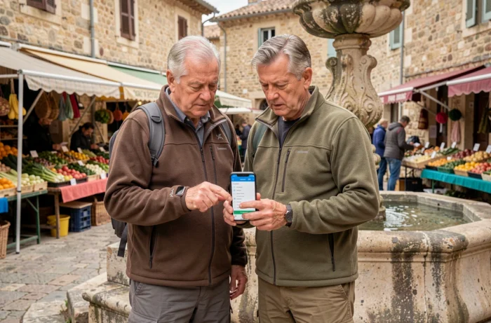 Couple de touristes consultant le plan du site de Pays APT sur smartphone sur un marché provençal
