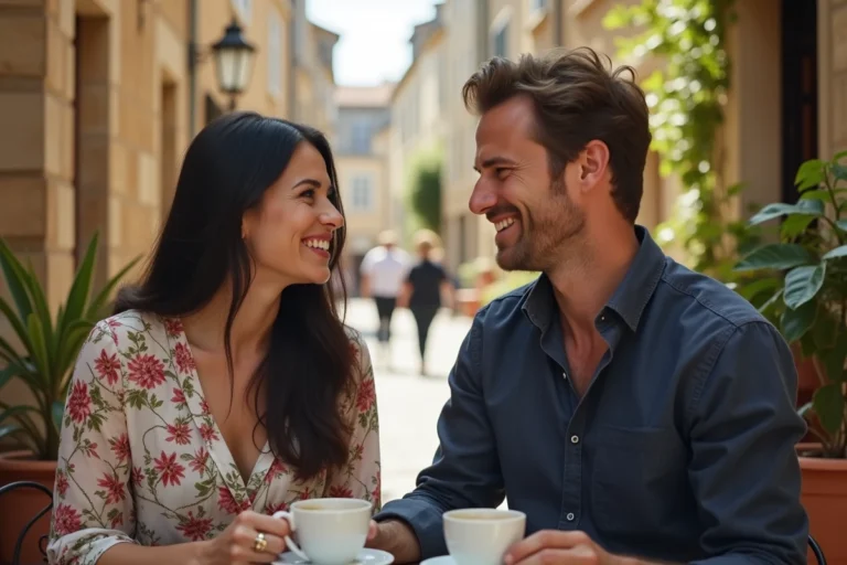 Couple élégant partageant un moment intime en terrasse de café dans un village français