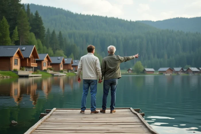 Couple observant un village européen écologique au bord d'un lac entouré de forêt, illustrant les meilleures destinations de vie en Europe en 2050