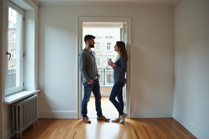 Couple en visite d'un appartement vide lors d'une recherche de location immobilière