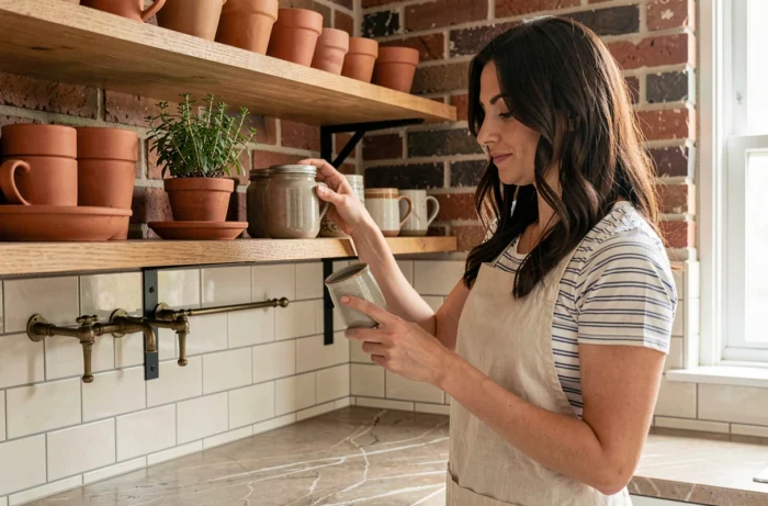 Femme arrangeant des céramiques artisanales sur une étagère en bois dans une cuisine rustique chic aux briques apparentes